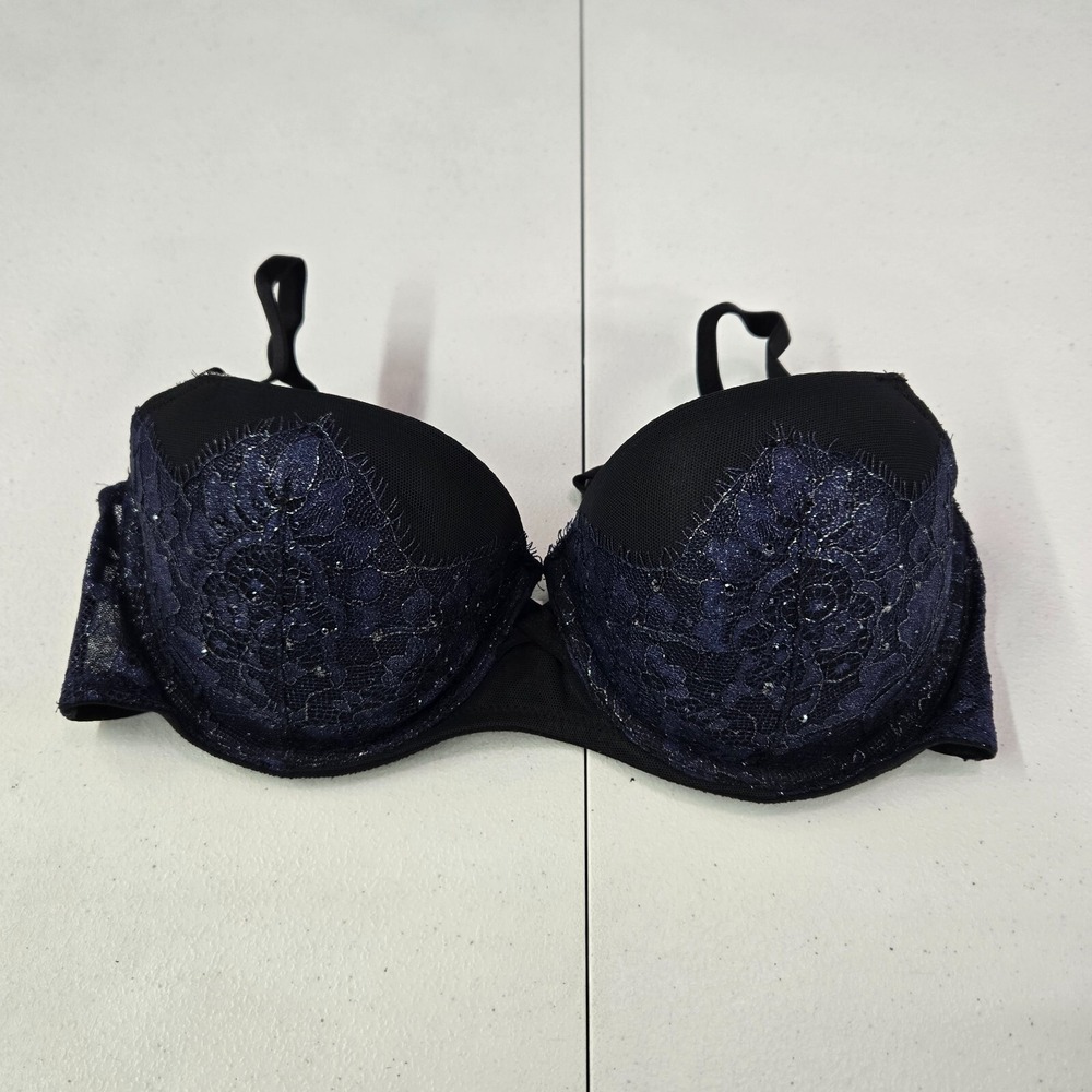 Victoria's Secret Women Bra 32D Blue Very Sexy Uplift Balconette Lace Studded
